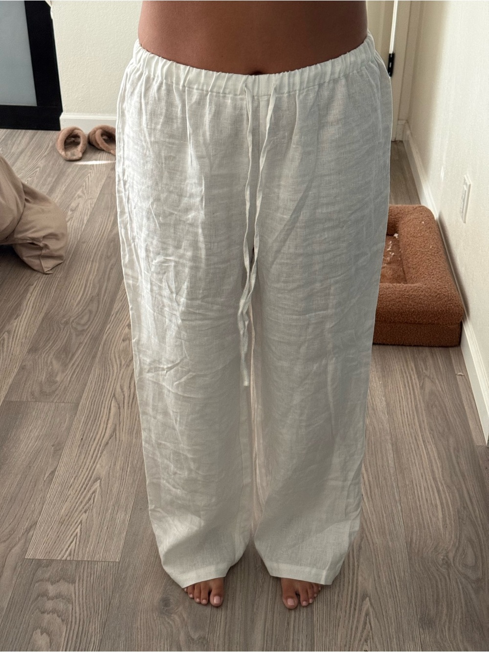 Reformation White Linen Drawstring Wide-Leg Pants